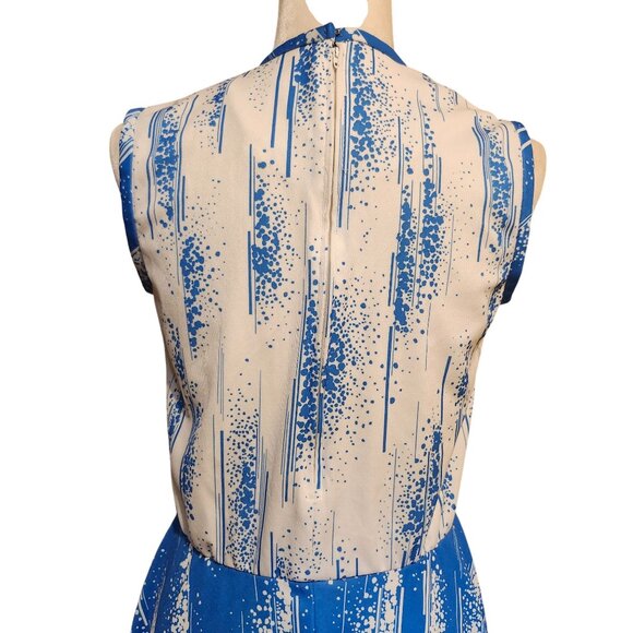 Vintage 70s Women's Size 12 Blue White Sleeveless Polyester Dress Bow Tie Neck - Picture 7 of 8
